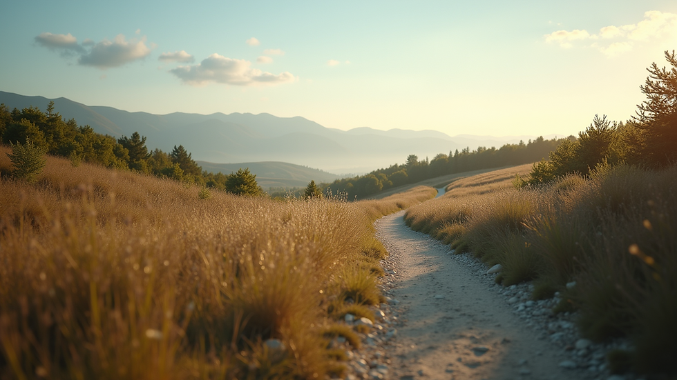 A winding path cuts through a sunlit field of tall grass, leading to distant hills under a clear blue sky with scattered clouds. Serene mood.