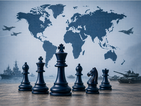 Chess pieces in front of a global map and warships