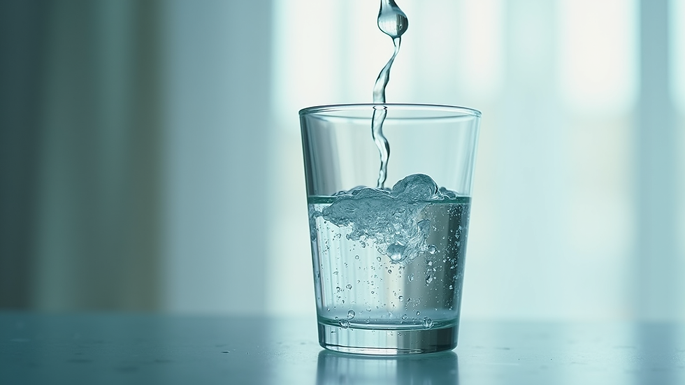 Eye-level view of a glass of water with magnesium colloidal drops being added