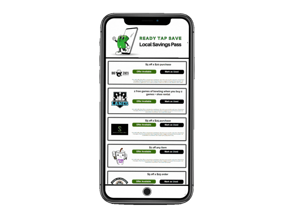 Local Savings Pass - Ready Tap Save - Phone Displaying Local Coupons