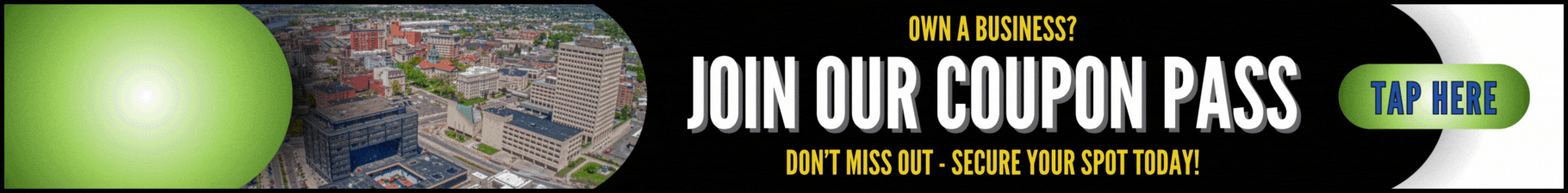 Animated banner promoting free business sign-up to the Ready Tap Save Coupon Pass.