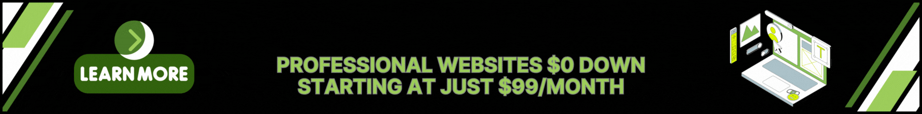Animated banner promoting $0 down, $99/month website design for local businesses.