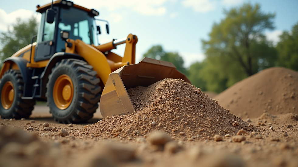 Close-up view of a remote-controlled loader scooping gravel on a compact play site