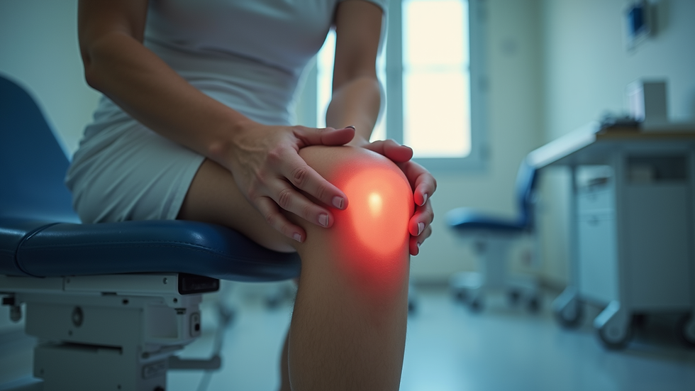 Plano detalle de rodilla con soporte ortopédico durante rehabilitación