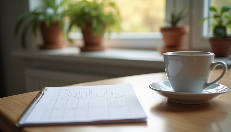 Eye-level view of a tidy study desk with revision notes and a cup of tea