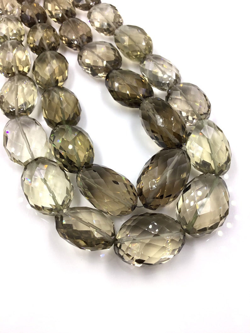 الصورة المصغرة: Natural Smokey Quartz Checker Cut Ovals Beads Gemstone Necklace