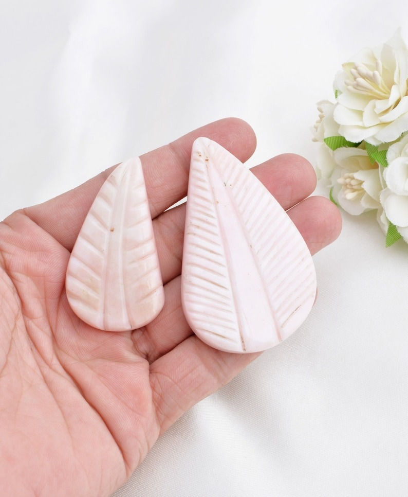 縮圖：Pink Opal Carved Leaf Pair Natural Loose Gemstones Jewelry