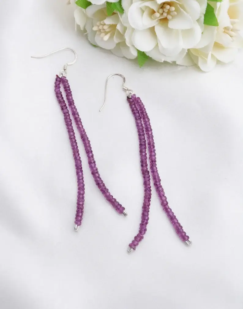 Miniatura: Natural Purple Garnet 3 Inches Faceted Tassel Beads Gemstone Earrings