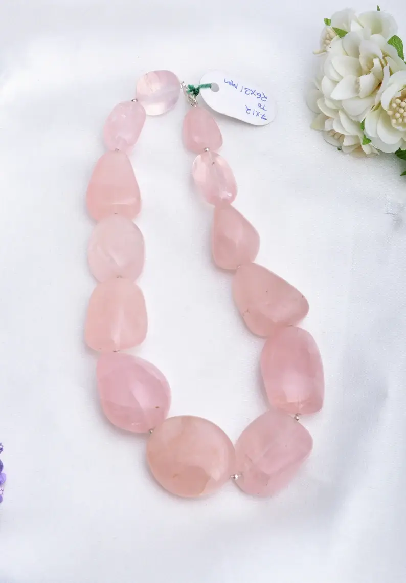 الصورة المصغرة: Rose Quartz Smooth Tumble Beads l 15 Inches Natural Rose Quartz Plain Tumbles