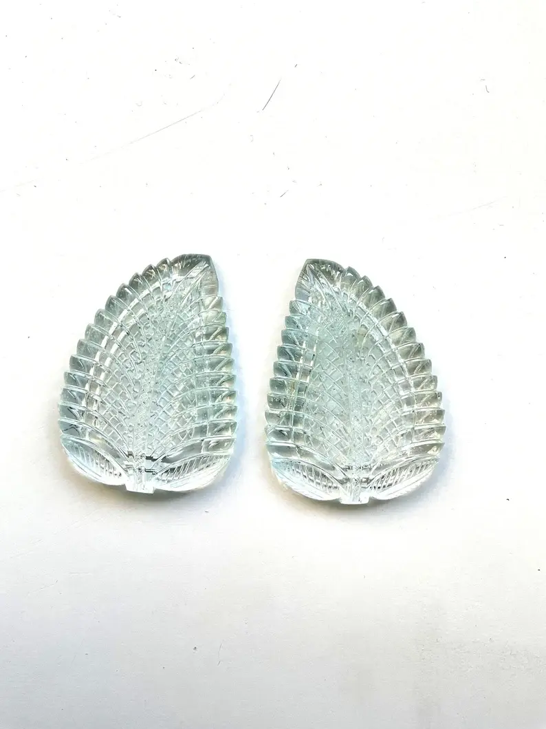 Miniatura: Natural Aquamarine Carved Leaf 2 Pieces Loose Gemstone Jewelry