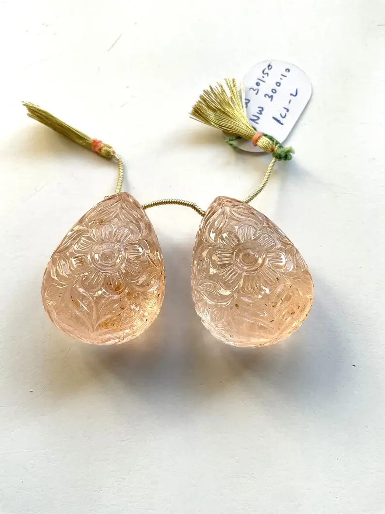 Miniatura: Morganite 2 Pieces Carved Teardrops Natural Gemstone For Jewelry