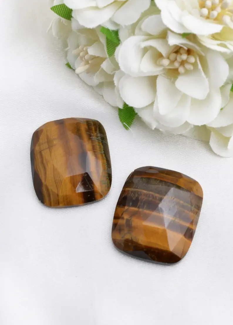 Miniatura: Tiger Eye Faceted Cushion Tumble Pair Natural Loose Gemstone