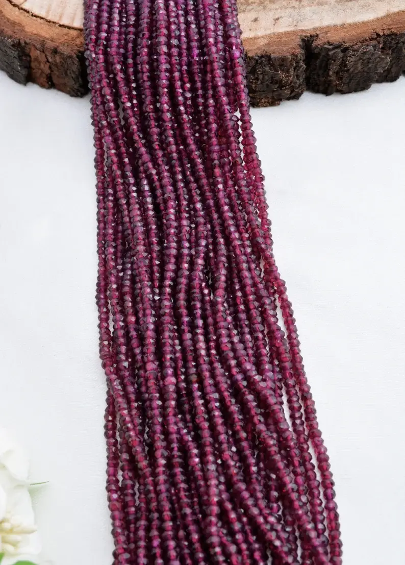 الصورة المصغرة: Garnet Faceted Rondelle 3mm Beads Necklace l Natural Garnet Faceted Beads