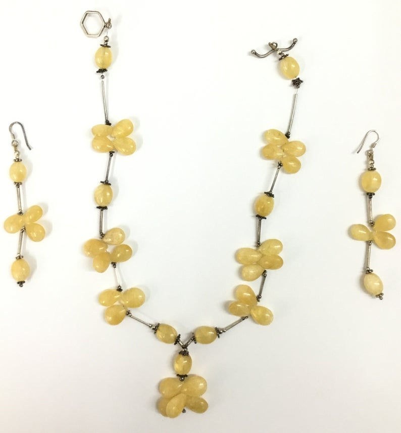 Yellow Quartz Antique Silver Jewelry Set (with earrings) Gemstone Necklace