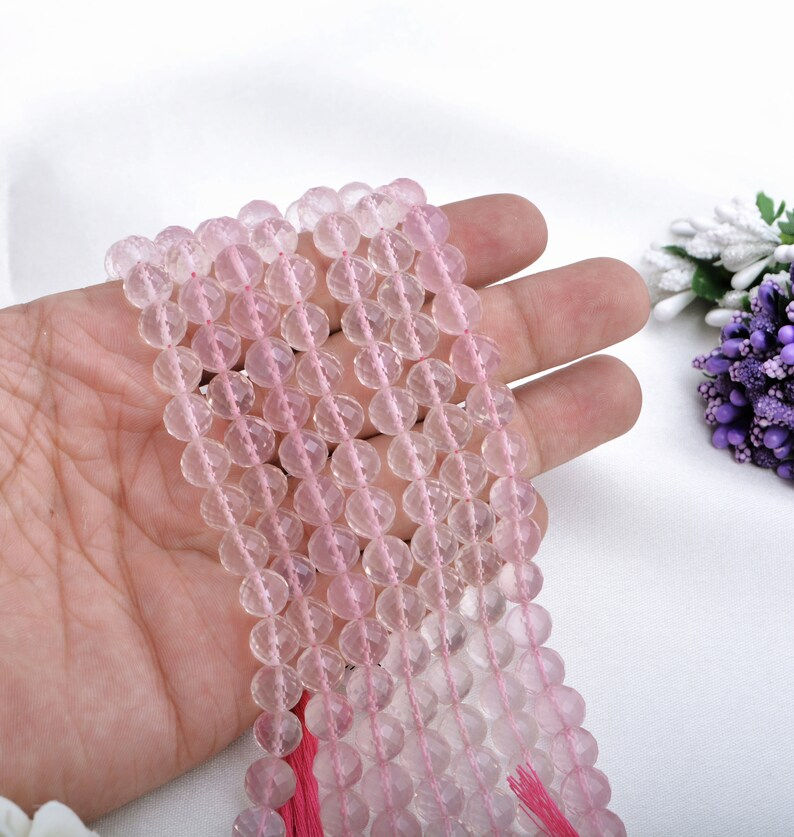 Thumbnail: Rose Quartz Concave Cut Ball Beads 8mm to 9mm Gemstone Beads