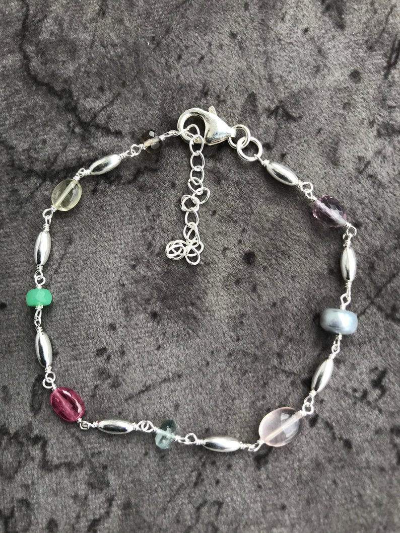 섬네일: Silver Jewellery 925 Sterling Silver 10'' Semi Multi Gemstone Silver Bracelet