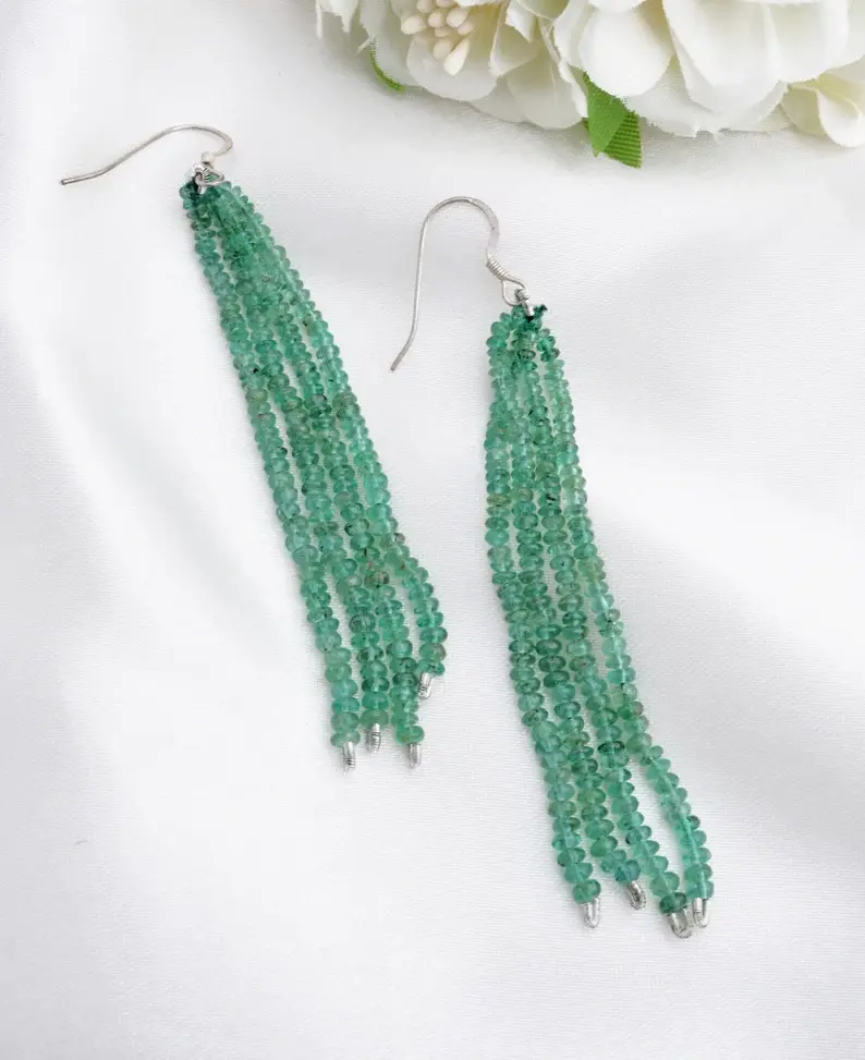 Miniatura: Zambian Emerald Faceted Tassel Beads 2.75 Inches Earrings Gemstone Jewelry
