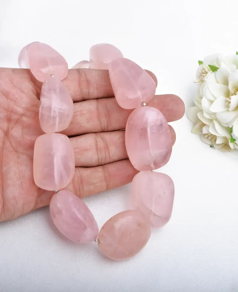 الصورة المصغرة: Rose Quartz Smooth Tumble Beads l 15 Inches Natural Rose Quartz Plain Tumbles