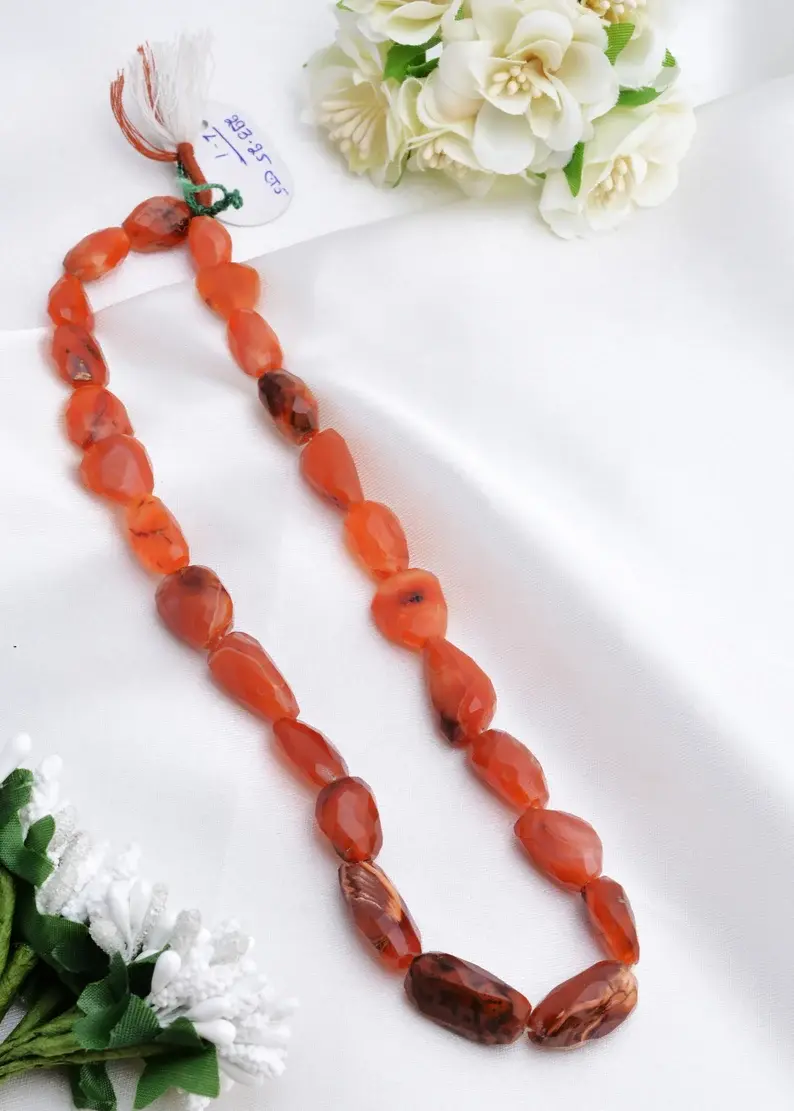 섬네일: Carnelian Faceted Tumbles Necklace l 16 Inches Natural Carnelian Faceted Tumbles