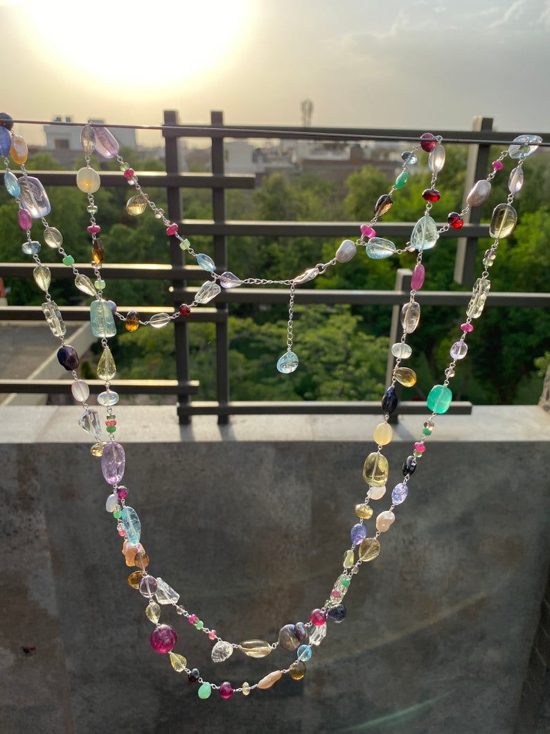 サムネイル： Silver Jewellery 925 Sterling Silver 34.5'' Semi Multi Gemstone Silver Chain