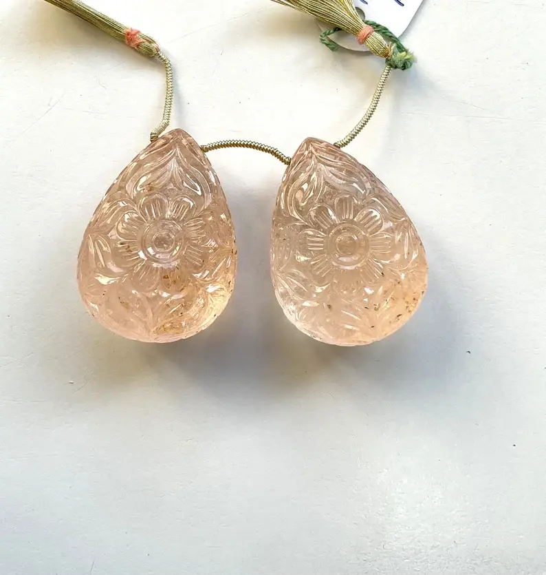 Miniatura: Morganite 2 Pieces Carved Teardrops Natural Gemstone For Jewelry