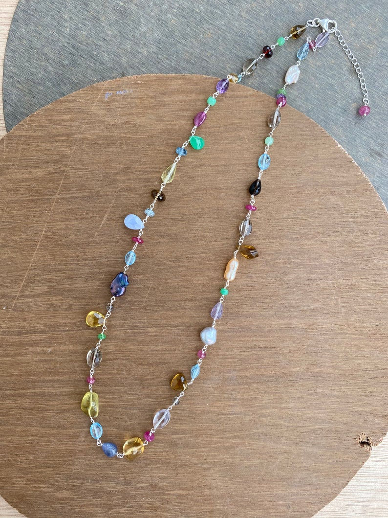 縮圖：Silver Jewellery 925 Sterling Silver 27.5'' Semi Multi Gemstone Silver Chain