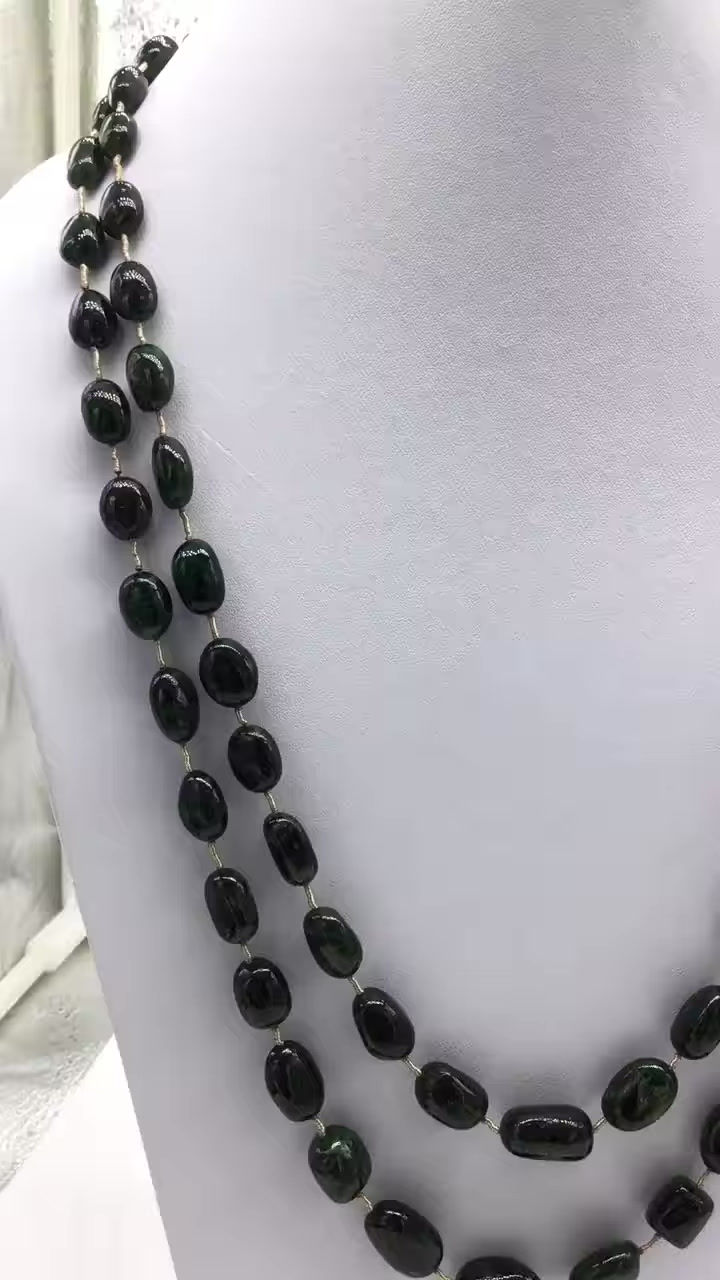 サムネイル： Natural Emerald Necklace Deep Green Brazilian Emeralds Tumble Beads 2 Strand