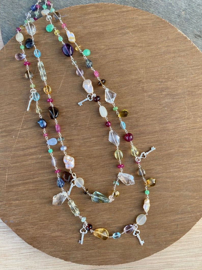 Silver Jewellery 925 Sterling Silver 24'' Semi Multi Gemstone Silver Chain