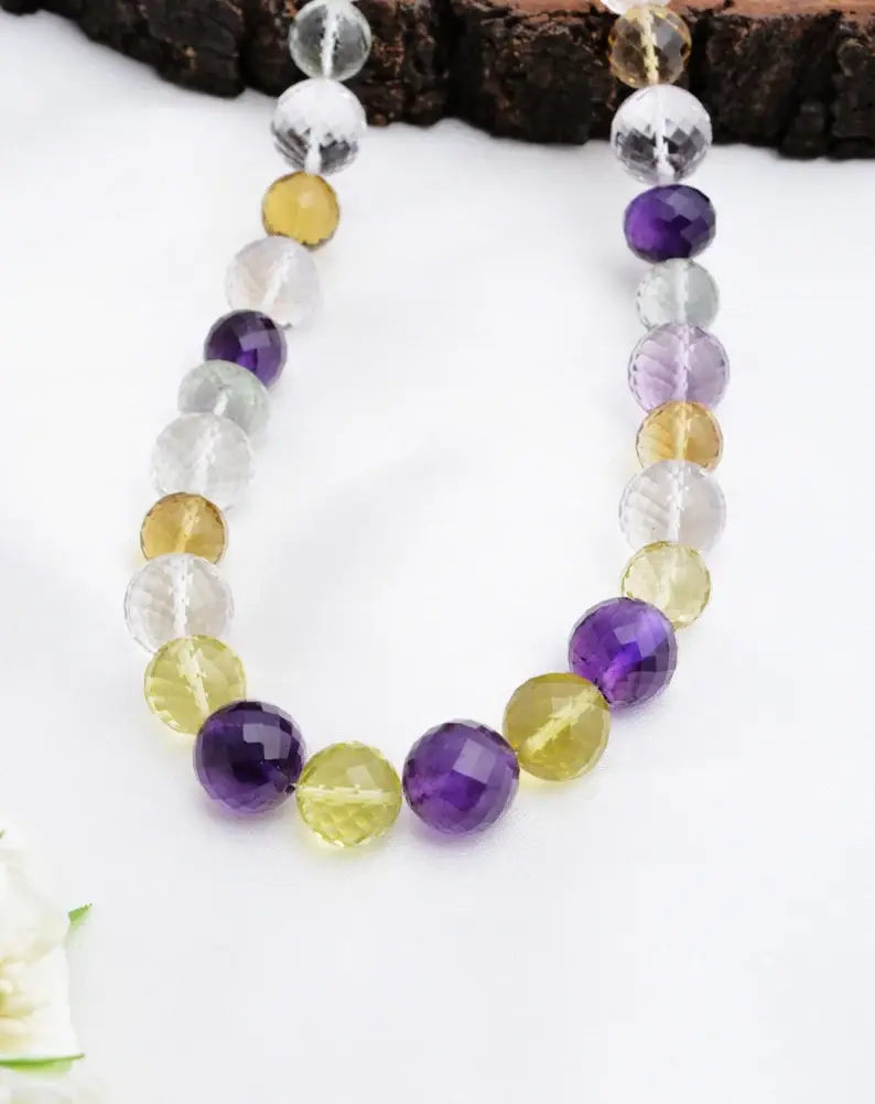 الصورة المصغرة: Mixed Gemstones Concave Cut Ball Beads Gemstone Necklace, Multi Gemstone Beads