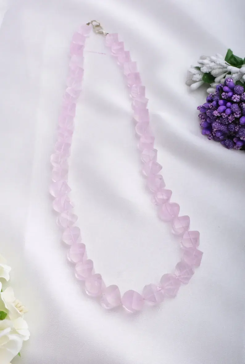 Natural Rose Quartz Fancy Twisted Beads Gemstone Necklace