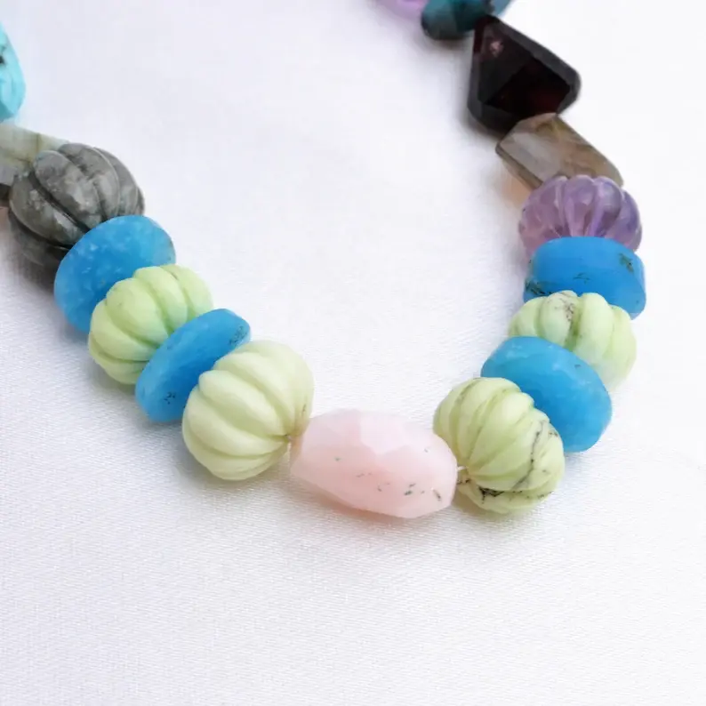 Mixed Gems Fancy Carved Beads Necklace l16 Inches Natural Mixed Gems Fancy Beads
