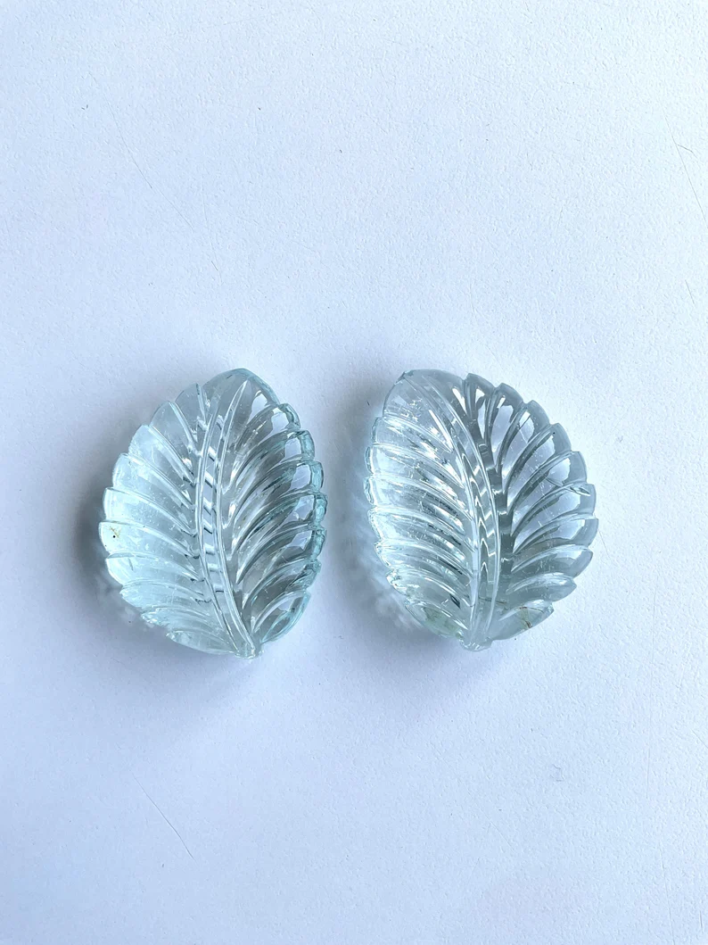 Miniatura: Natural Aquamarine Carved Leaf Pair Loose Gemstone