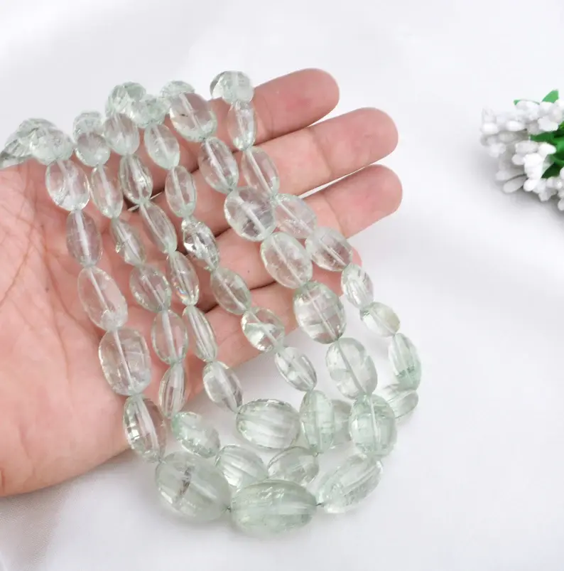 Miniatura: Green Amethyst Checker Cut Ovals Natural Gemstone Beads