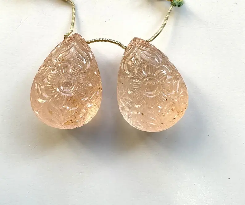 Miniatura: Morganite 2 Pieces Carved Teardrops Natural Gemstone For Jewelry