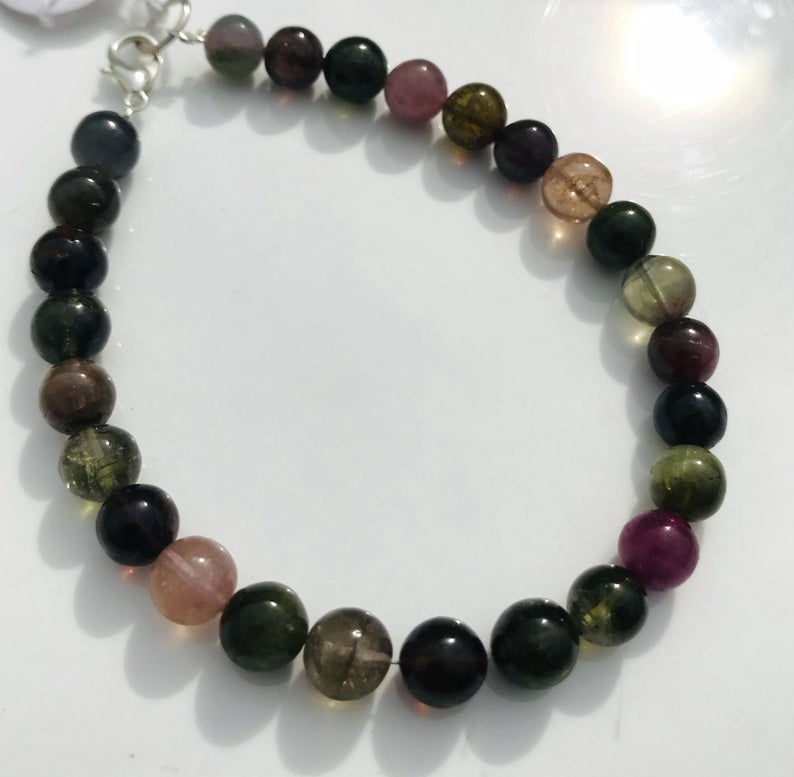 Thumbnail: Multi Tourmaline Shaded Plain Ball Beads Bracelet Natural Gemstone