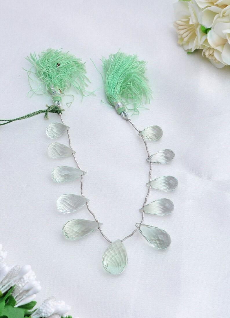 الصورة المصغرة: Green Amethyst Faceted Drops 8 inches Natural GemstoneBeads, 1 Strand