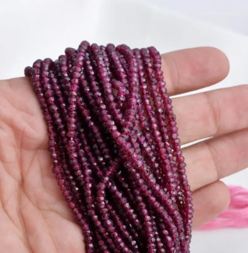 الصورة المصغرة: Garnet Faceted Rondelle 3mm Beads Necklace l Natural Garnet Faceted Beads