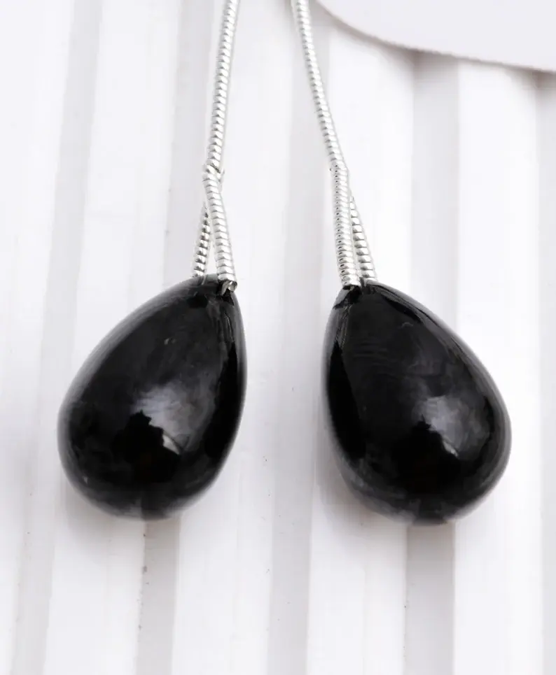 Thumbnail: Black Spinel Smooth Drops Beads l 2 Pieces Natural Black Spinel Teardrop Beads