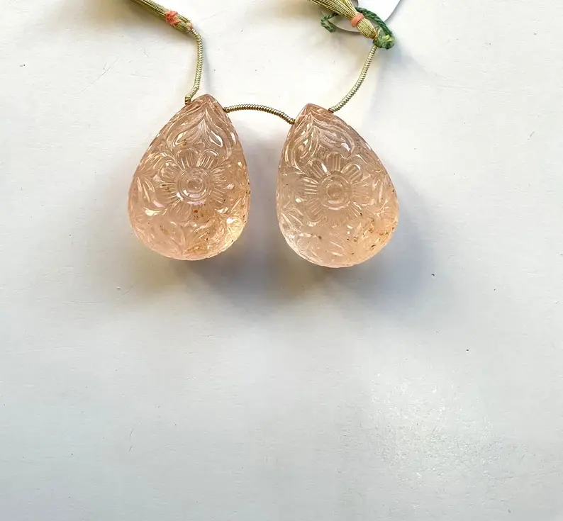 Miniatura: Morganite 2 Pieces Carved Teardrops Natural Gemstone For Jewelry