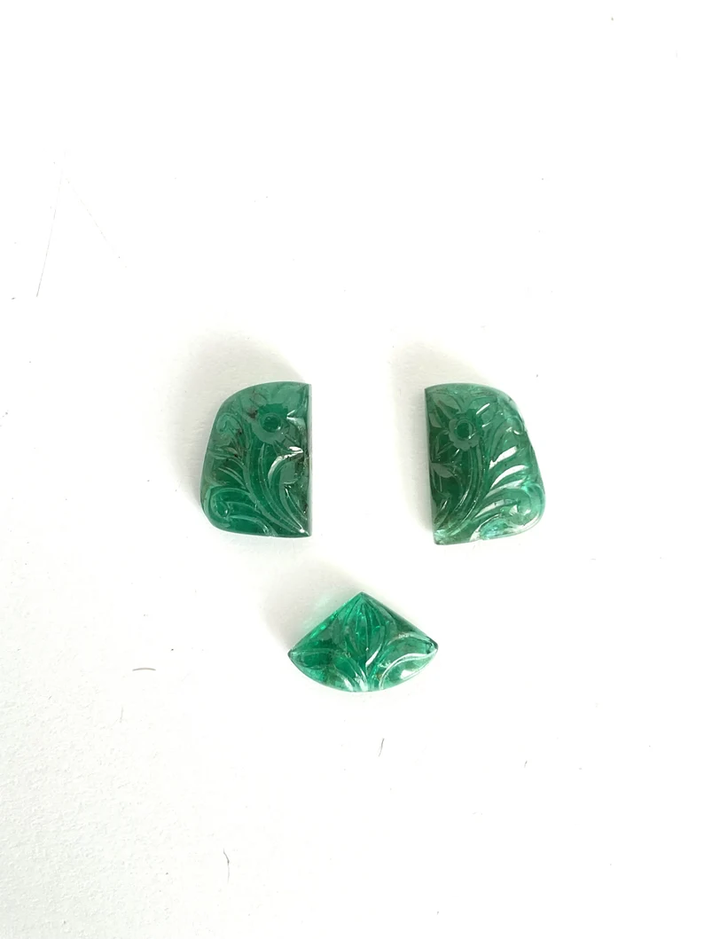 Miniature : Natural Emerald Fancy Carving 3 Pieces Set Loose Gemstone