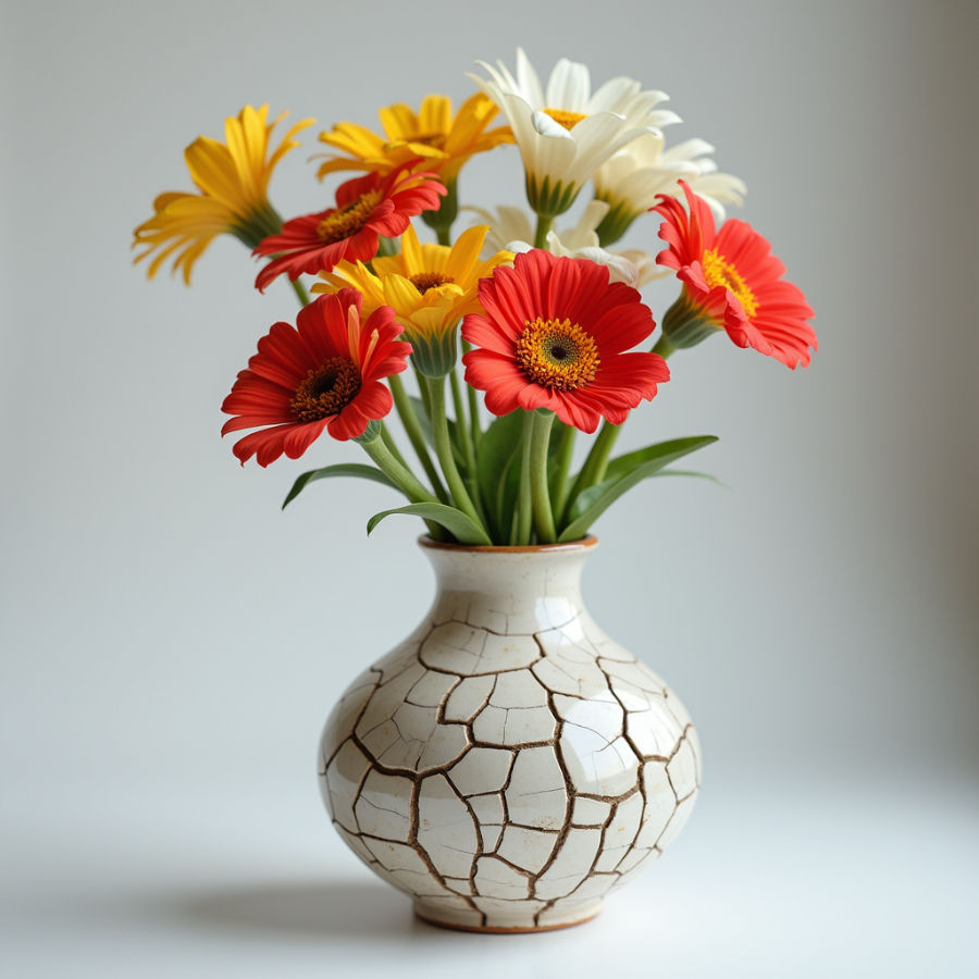 A bouquet of red, yellow, and white daisies in a ckintsugi vase set against a plain background, creating a fresh, lively mood.