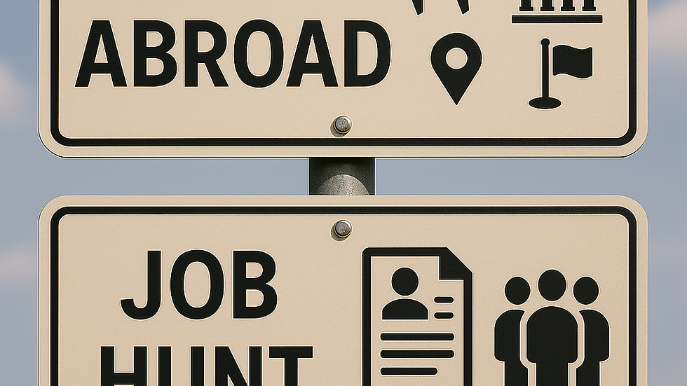 Two beige signs on a pole; top reads "Study Abroad" with icons, bottom says "Job Hunt" with resume and people icons, against blue sky.