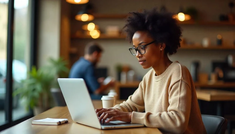 Ett modernt café, fullt av aktivitet, en ung afroamerikansk kvinna som studerar online-bibelkurser på sin laptop, klädd i en avslappnad tröja och glasögon.