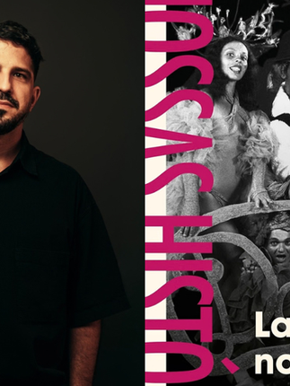 À esquerda, o autor Márcio Bastos sobre fundo preto; a direita, capa de uma fotografia preto e branca de artistas na capa do livro