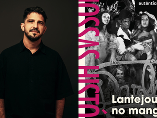 À esquerda, o autor Márcio Bastos sobre fundo preto; a direita, capa de uma fotografia preto e branca de artistas na capa do livro