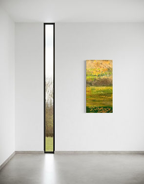 Emerald Streams, abstraktes Mixed Media Original auf Canvas in Grün-, Gelb-, Braun-, Weiss- und Rottönen, 60 x 120 cm, 2025, von Tanja Reichmuth, tcr-art.ch.