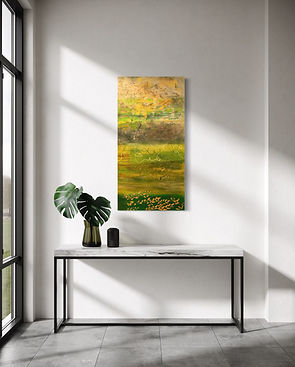Emerald Streams, abstraktes Mixed Media Original auf Canvas in Grün-, Gelb-, Braun-, Weiss- und Rottönen, 60 x 120 cm, 2025, von Tanja Reichmuth, tcr-art.ch.