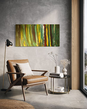 Emerald Streams, abstraktes Mixed Media Original auf Canvas in Grün-, Gelb-, Braun-, Weiss- und Rottönen, 60 x 120 cm, 2025, von Tanja Reichmuth, tcr-art.ch.