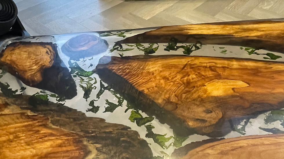 Thumbnail: Close up view of the live edge green seaweed river table