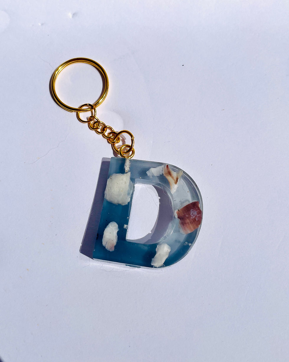 Thumbnail: Letter Initial Resin Pearly Oyster Shell Pieces with Blue Backdrop Keychains